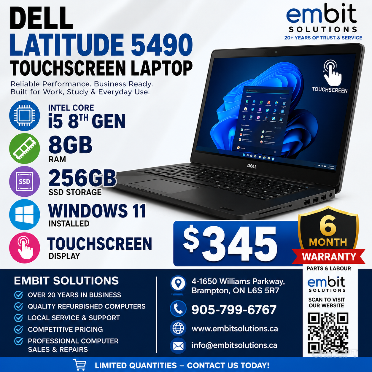 💻 Dell Latitude 5490 Touchscreen – Core i5 | 8GB RAM | 256GB SSD-refurbrished